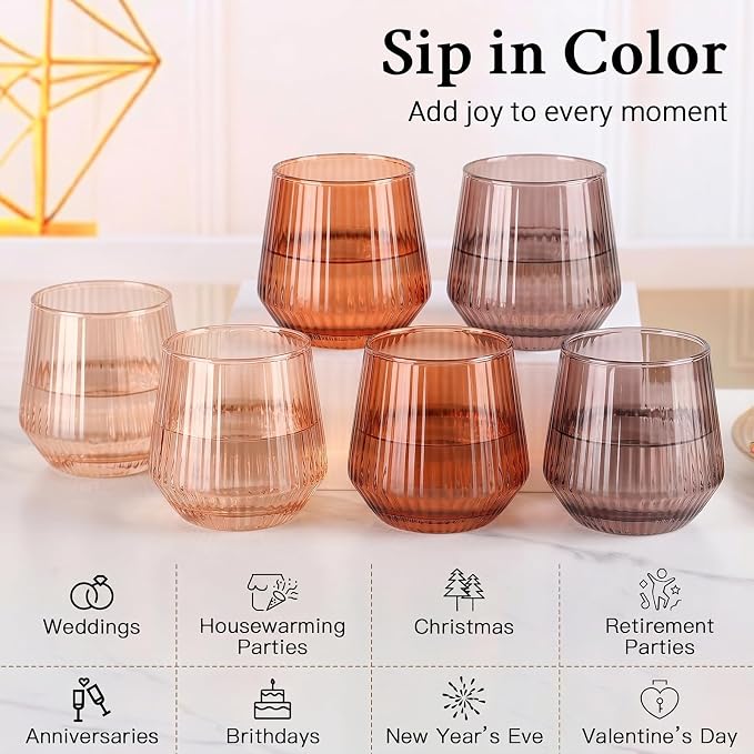 Brown Stemless Wine Glasses Set of 6, 12.5 Oz Lead-Free Ribbed Drinking Glass Cup for Wine, Cocktails, Champagne and Whiskey, Ideal Gifts for Weddings, Bars, Christmas, Halloween,Party, Daily Use