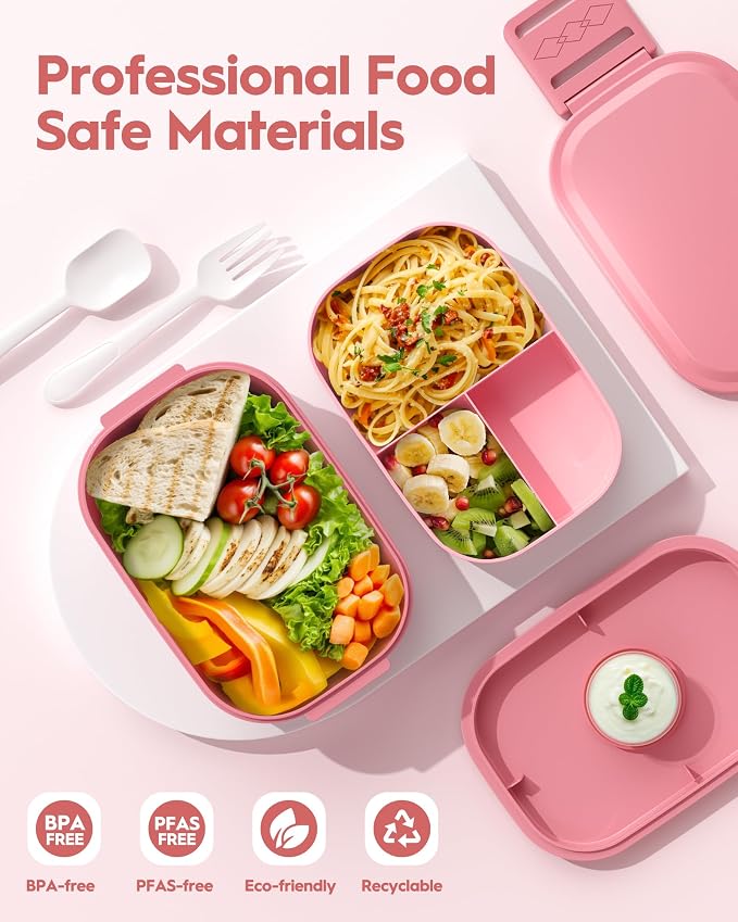 BiuLeon Bento Box Adult Lunch Box, 65 Oz Capacity Lunch Containers(Adjustable 2/3 Tier), BPA-Free, Leak-Proof and Stackable Bento Lunch Box, Microwave & Dishwasher Safe with Utensils(Pink)