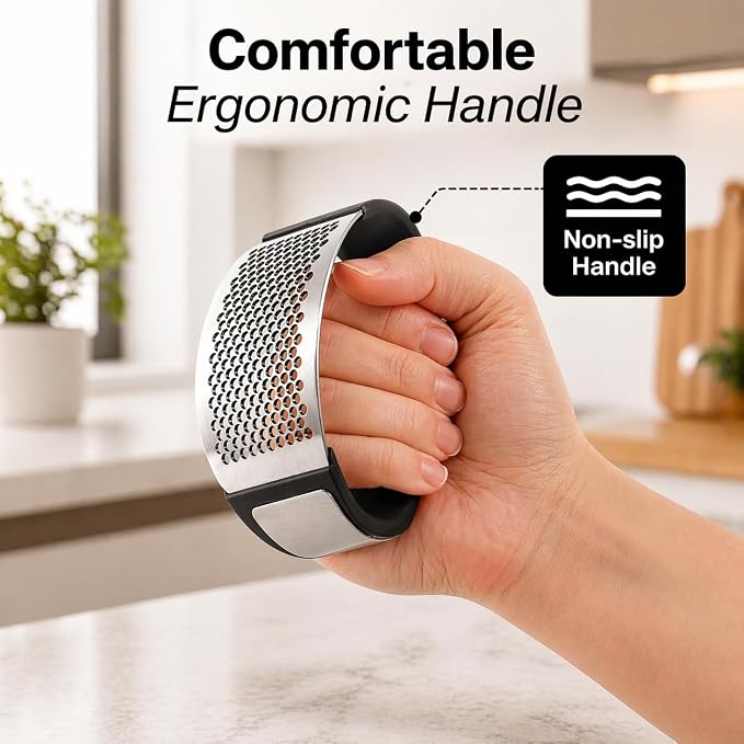 Zulay Kitchen Stainless Steel Garlic Press Rocker Set - Premium Garlic Mincer Garlic Crusher - New Innovative Garlic Crusher with Peeler and Scraper - Comfortable Grip (Black)