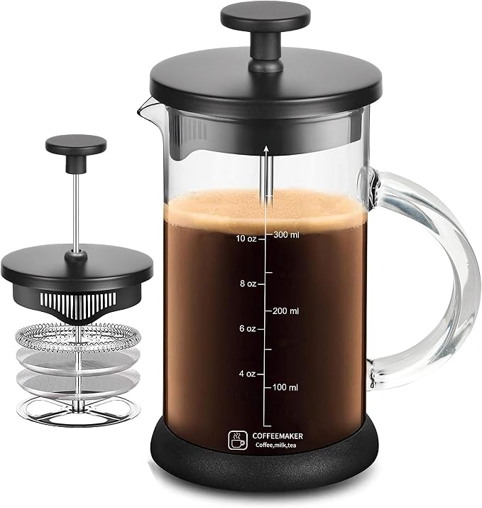 YMMIND French Press Coffee Maker 12 Ounce Espresso Tea Coffee Maker with 4 Filters System, Stainless Steel Plunger and Heat Resistant Borosilicate Glass BPA-Free Brewed Tea Pot Coffee Plunger