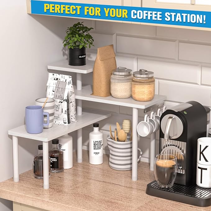 JayRex 3-Tier Bathroom Countertop Corner Shelf Organizer, White | Space-saving corner design organizes spices, skincare and toiletries on kitchen and bathroom counters.