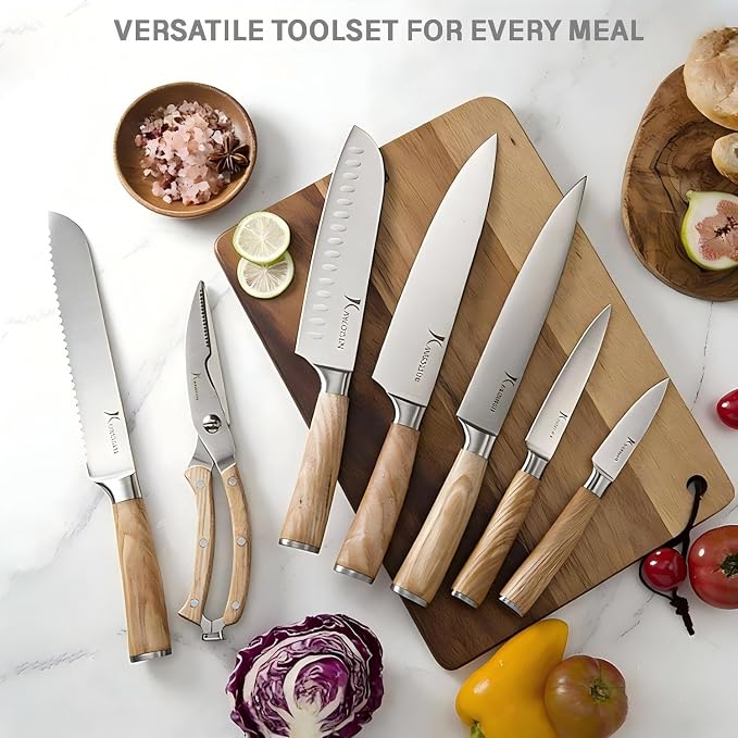 Kangdelun Ultra Sharp 14-Piece Kitchen Knife Set, High Carbon Stainless Steel Blades, Torrefied Natural Wood Handles, Ergonomic Design, Space-Saving Black-Finished Wood Block, Easy Hand Wash, Gift Box