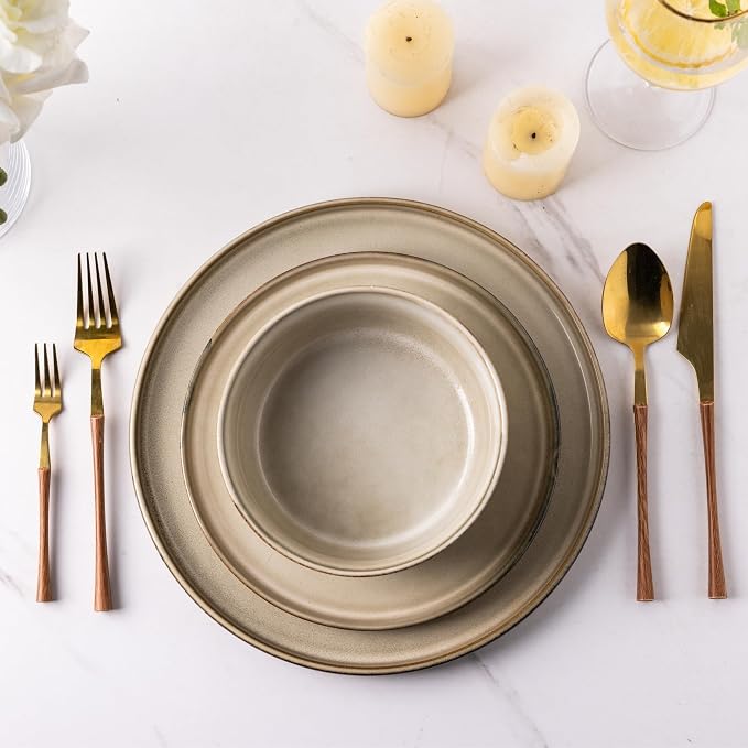 GBHOME Dinnerware Sets for 6, 18 Pieces Ceramic Plates and Bowls Set | Scratch Resistant Stoneware Dishes Set, Dishwasher & Microwave Safe, Reactive Glaze-Cappuccino