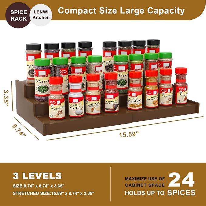 Lenwi Spice Rack Organizer for Cabinet, 3 Tier Expandable Bamboo Spice Storage for Kitchen Cupboard Pantry, Brown