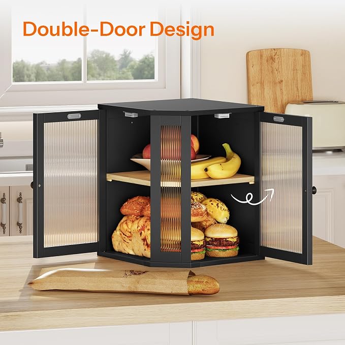 HOOBRO Bread Box, Bamboo Bread Box for Kitchen Countertop, 2-Tier Corner Bread Box, Large Capacity Bread Bin, Food Storage Box, Bread Storage Container for Kitchen, Dining Room, Black BK12MB01