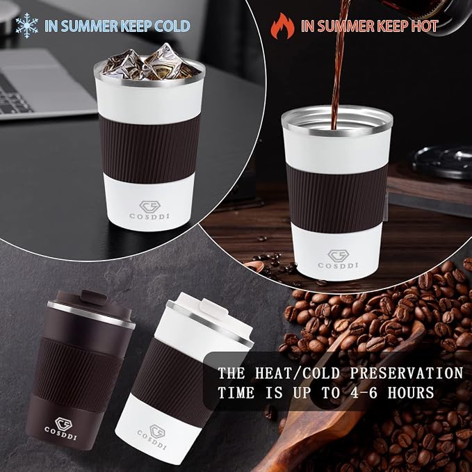 CS COSDDI 12 oz Stainless Steel Vacuum Insulated Tumbler - Coffee Travel Mug Spill Proof with Lid - coffee Cup for Keep Hot/Ice Coffee,Tea and Beer (3rd White) | Stainless Steel Double-wall insulation, 6-Hour Heat Retention, 360°Leak proof, BPA-free, R...