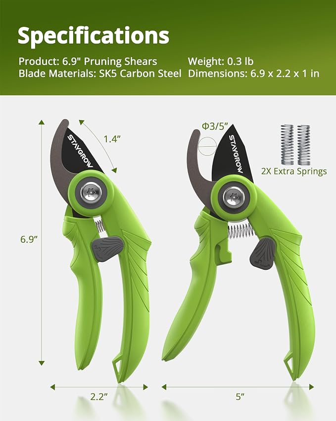Garden Shears 6.9" Pruning Shears for Gardening Green | SK5 Stainless Steel Sharp Blades,Tree Trimmer Garden Scissors with Comfort Handle and Safety Lock,Gardening Hand Tools