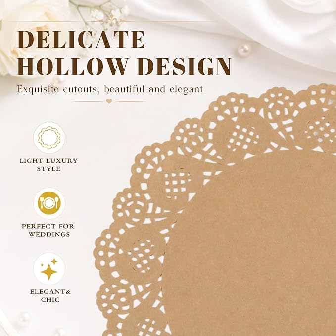 Gueevin 200 Pcs Paper Placemats Disposable Lace Round Paper Placemats Decorative Disposable Placemat Doilies for Dining Wedding Table Decoration Festive Party Birthday Holiday (Kraft,12 Inch)