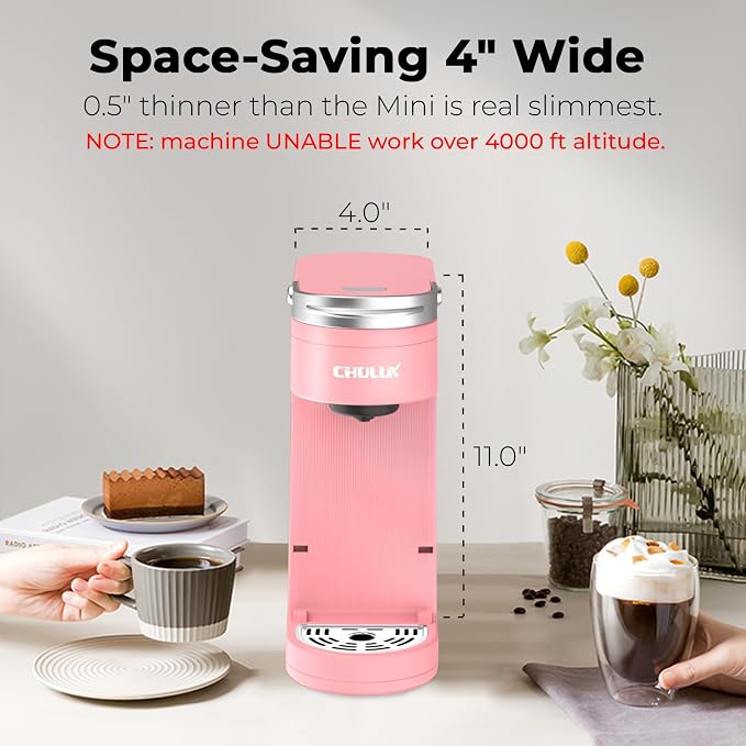 CHULUX Slim Single Serve Coffee Maker for K Cup, Compact Size, Salmon Pink | Fast-Heating Boiler System, 4-Hole Needle for Richer Flavor, Adjustable Drip Tray for 7.3" Travel Mug, Food Grade Material