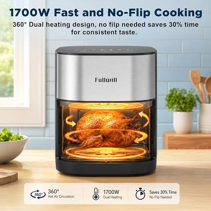 Fullwill 6QT Air Fryer, Viewing Window, Dual Heating, 2 Silicone Liners | 1700W Power; Touch Presets + DIY Mode; 392°F Max Heat; PFOA-Free Nonstick Basket; Dishwasher-Safe Parts