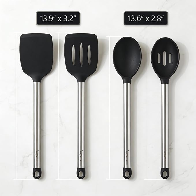 Vayvnt 4 Pieces Silicone Kitchen Utensils Set for Nonstick Cookware, Black | Spatula and Spoon Set, Heat Resistance, Non Toxic, Silicone Utensils for Cooking, Stainless Steel Handle, Dishwasher Safe