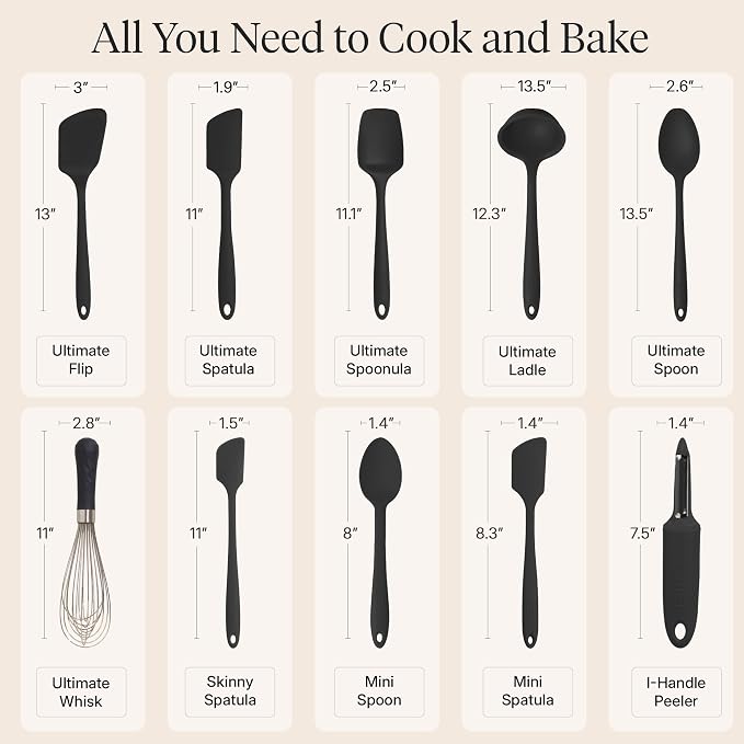 GIR: Get It Right 10-Piece Cooking Utensils Set - Black Silicone - Spatula Set, Silicone Spatulas & Kitchen Spoons - Heat-Resistant up to 425°F - Nonstick Cookware-Friendly - Dishwasher-Friendly