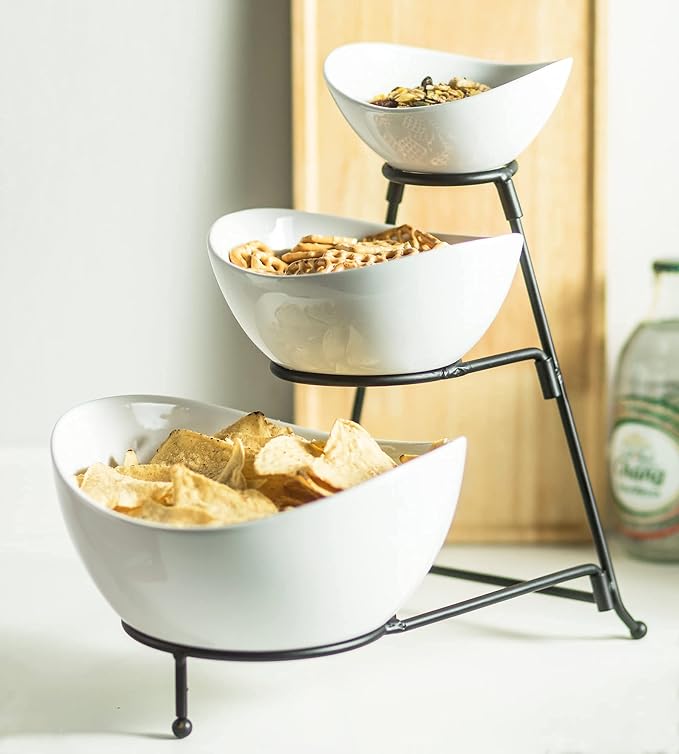 YHOSSEUN 3 Tier Serving Stand with 3 Oval Porcelain Serving Bowl Set | Chip and Dip Serving Dishes For Entertaining, Party, Tiered Sering Tray with Collapsible Thicker Sturdier Metal Rack, Black