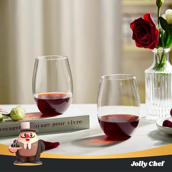 JOLLY CHEF 24 Pack 16oz Plastic Wine Glasses Stemless, Disposable Wine Cups | Premium Quality, Recyclable, Unbreakable, Ideal for Wedding, Birthday, Party, Christmas
