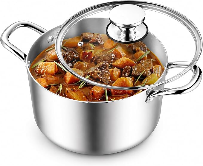 TeamFar 8 Quart Stock Pot, Tri-Ply Stainless Steel Pasta Pot with Lid | Cooking Broiling Eggs Veggies Soup, Tempered Glass Lid & Double Side Riveted Handles, Healthy & Heavy Duty, Dishwasher Safe