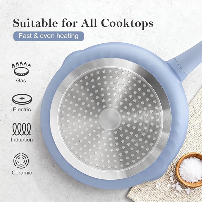 AIKENBBKK 12 Inch Nonstick Deep Frying Pan with Steamer, Ceramic Skillet with Lid, Steamer Pan for Cooking, 5 QT Non Stick Saute Pan with Detachable Handle, PTFE & PFAS-Free, Oven Safe, Blue