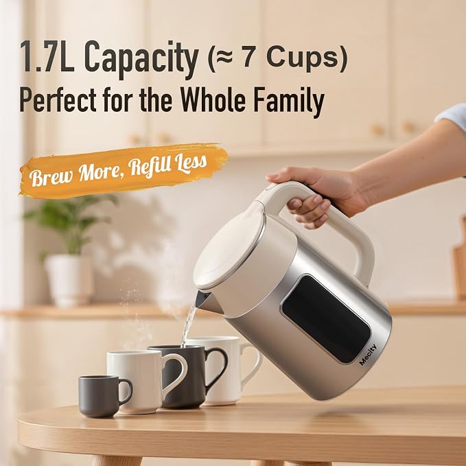 Mecity Electric Kettle 1.7L Touch Screen Temperature Control Water Boiler, No Plastic Contact with Water. 6 Presets For Tea and Coffee, 2 Hours Keep Warm, Auto Shut Off, Cream & Stainless Steel Color