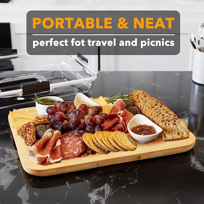 SpaceAid Charcuterie Board with Clear Lid, Portable Travel Cheese Cutting Boards for Picnic Accessories, Bamboo Serving Tray with Lids, House Warming Gifts, Black Handles, 1 Compartments