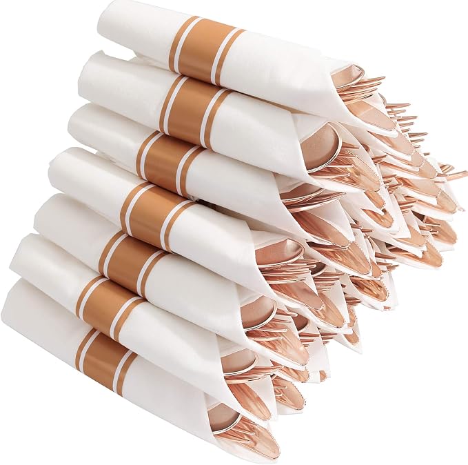 30 Pack Pre Rolled Rose Gold Plastic Silverware, Linen Napkin | Heavy Duty Disposable Wrapped Flatware Cutlery Set for Bridal Showers, Weddings, Birthdays & Graduations