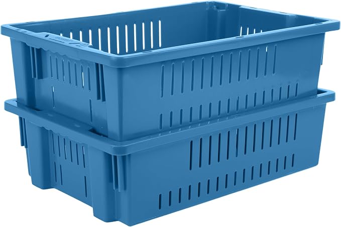 Hudson Exchange 20 x 13 x 5.6" (4 Pack, 4.5 Gallon) Agricultural Nest and Stack Vented Crate Handled Storage Container Tote, Blue