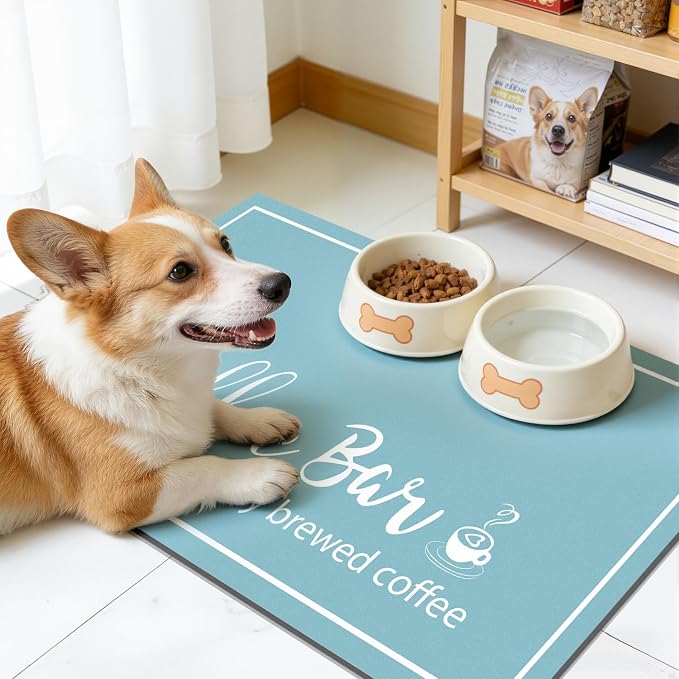 Findosom Dish Drying Mat, 18" x 24" Super Absorbent & Hide Stain Coffee Mat, Cuttable Drying Mat for Kitchen Counter, Coffee Bar Accessories, Under Dish Rack, Coffee Maker, Espresso Machine, Blue