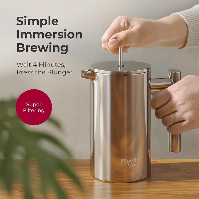 MuellerLiving French Press Coffee Maker 20oz, Stainless Steel French Press Coffee, 4 Filter Heat Resistant Double Insulated, Rust-Free, Food Grade, Dishwasher Safe Coffee Pot | 20oz | Stainless Steel | 4 Filter Heat Resistant Double Insulated | Rust-Fr...