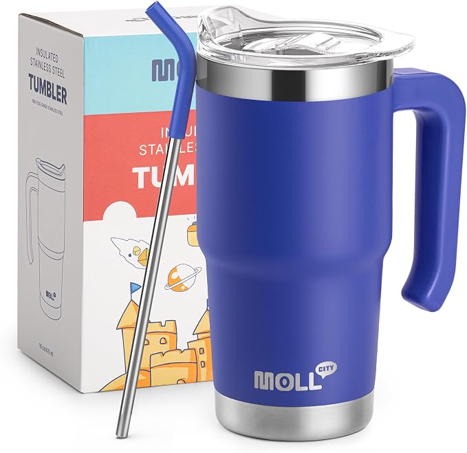16 oz Tumbler with Handle, Stainless Steel Cups with Lid and Straw,Navy | Reusable Vacuum Insulated Tumbler with Convenient Handle, Complete with Sealed Lid & Straw, Ideal Daily Travel Cup for Women