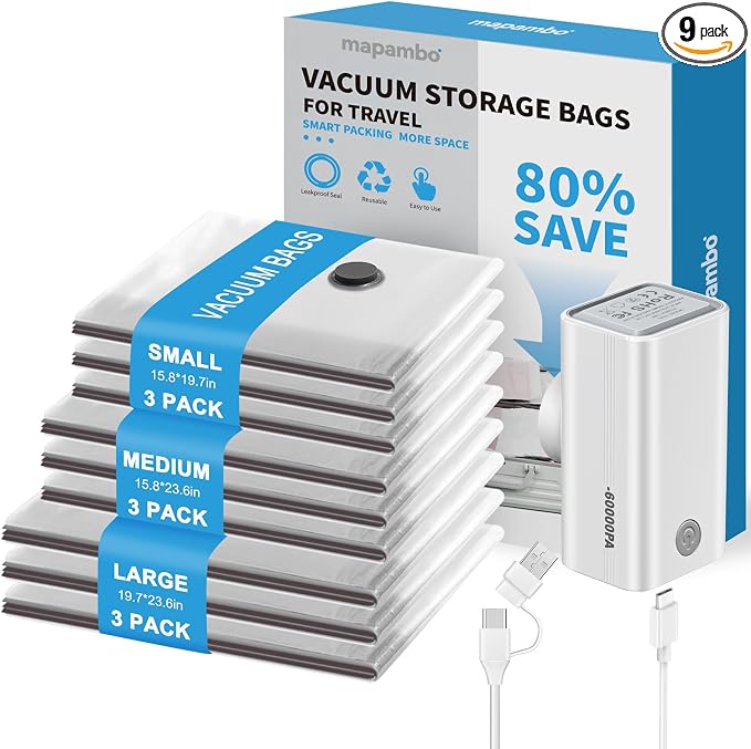 9 Pack Vacuum Seal Bags for Clothing Travel with -60000Pa USB Pump, Save 80% of Space for Clothes (9 Combo Size)