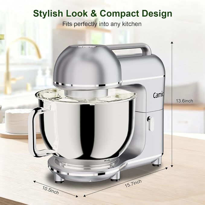 Camic Electric Stand Mixer,7.45 QT,10 Speeds with Dough Hook,Whisk, Flat Beater Attachments, Splash Guard, Easy-Carry Top Handle,3-IN-1 Kitchen Mixer for Baking Cakes Cookie Bread Salad (Silver)