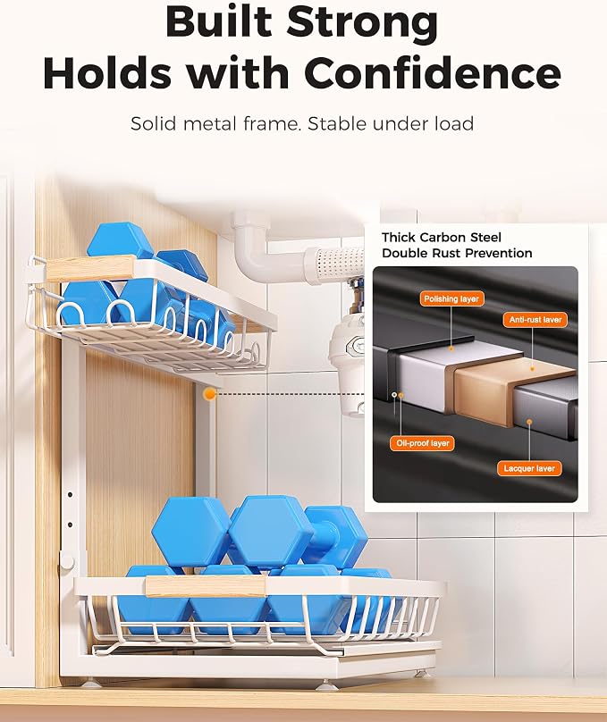 2-Pack 2-Tier Height Adjustable Under Sink Organizer & Storage | Multi-purpose storage for kitchen & bathroom cabinet. Large white shelf, height adjustable design for space-saving.