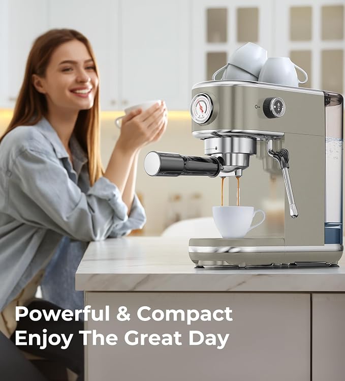 atatix 20 Bar Espresso Machine with Milk Frother, Compact Espresso Maker | Stainless Steel Coffee Machine with Precise Temp Control & 44oz Removable Water Tank for Latte, Cappuccino, Light Grey