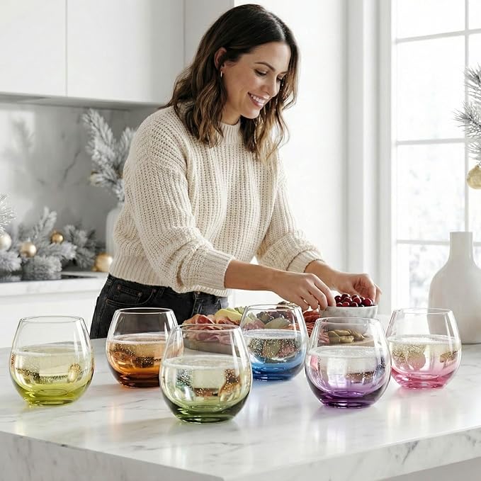 ColoVie Stemless Wine Glasses set of 6, Colored Cocktail Cups, Party Glass | 15oz Stemless Wine Glasses for Red wine, White wine, Sangria, Spritz, Colorful Glassware Set for Home bar, Weddings and Gifts