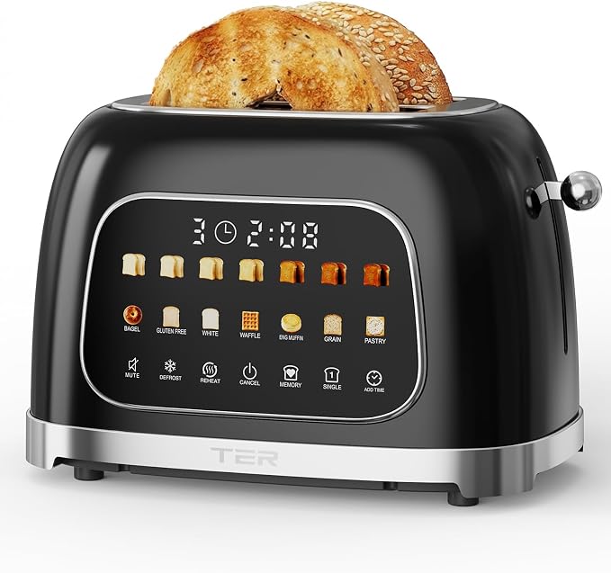 TER Touch Screen Toaster 2 Slice, 1.5" Wide Slot, Stainless Steel, Black | Smart Digital Retro Toaster for Bagel & Thick Breads, 7 Bread Modes & 7 Browning Levels, Memory Function, Defrost & Reheat
