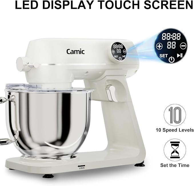 8.45 QT All Metal Stand Mixer,10 Speed Large Capacity Kitchen Mixer with Digital Timer & Tilt-Head, Electric Mixer with Whisk Dough Hook Mixing Beater for Baking,Cakes,Cookie,Bread,Salad (White)