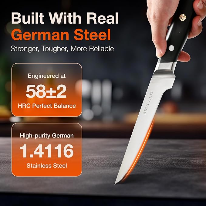 Arvello Boning Knife - 7-Inch Professional Deboning & Meat Trimming Knife for Home Cooking, Culinary Use - Full Tang High Carbon German Steel Blade, 58 HRC Ultra-Sharp Edge, Dishwasher-Safe G10 Handle