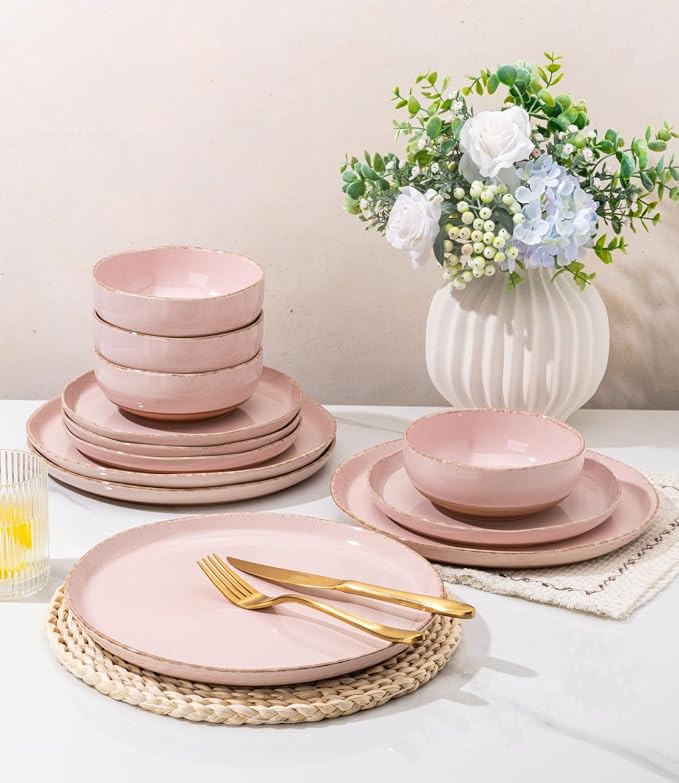 AmorArc Dinnerware Sets for 4, 12 Pieces Ceramic Plates and Bowls Set | Scratch Resistant Stoneware Dishes Set, Dishwasher & Microwave Safe, Cloud Pink