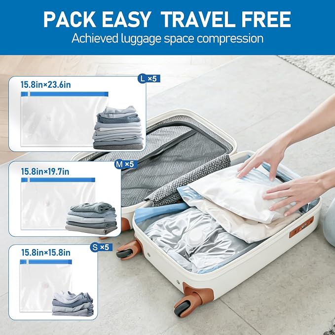VMstr 15 Pack Travel Vacuum Storage Bags with USB Pump, Vacuum Packing Seal for Luggage and Suitcase, Space Saver for Clothes and Clothing Travel