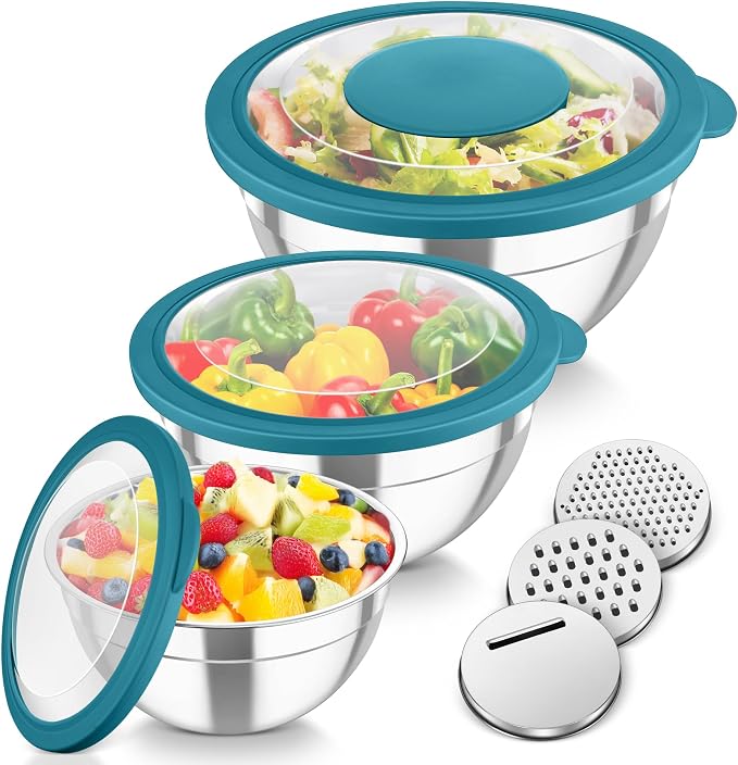 TeamFar Mixing Bowls, 3PCS Stainless Steel Serving Salad Bowls | with Lids & 3 Graters for Kitchen Mixing/Baking/Storing/Prepping, Visible & Airtight, Easy Clean - 4.5/3/1.5 QT, Dark Blue