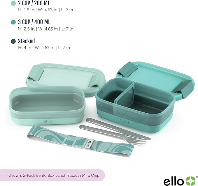 Ello Lunch Stack Bento Box Plastic Food Containers, 2 Pack, Mint Chip | Leakproof bento box food containers, 2 pack. BPA-free, great for meal prepping, school & office lunches, and leftovers.