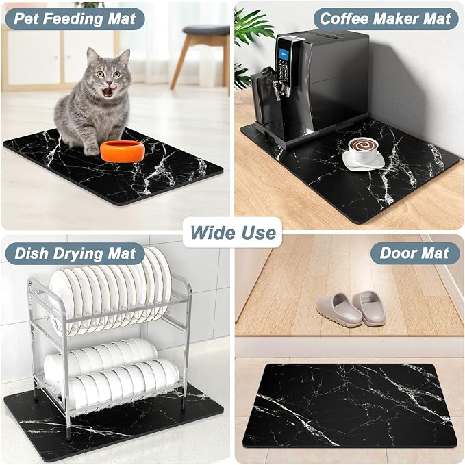 Rnivvi Coffee Mat, 16" x 24" Cute Marble Style Coffee Bar Mats for Espresso Machine Station Accessories and Organizer, Hide Stain Rubber Backed Absorbent Dish Drying Pad for Kitchen Counter, Black