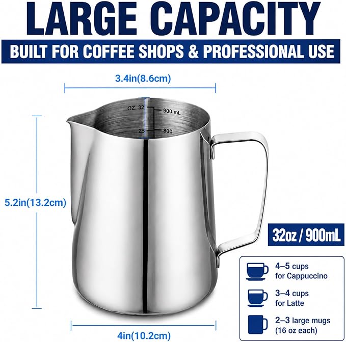 32oz Milk Frothing Pitcher for Coffee Shops, Large Stainless Steel Cup | 900ml large capacity pitcher for cafes and commercial use, ideal for espresso machines, milk steaming and latte art