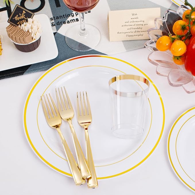 350 Pieces White and Gold Plastic Plates - 50 Guest Dinnerware Set Include 100 Plates, 50 Gold Plastic Silverware, 50 Paper Napkins and 50 Cups for Wedding/Baby Shower/Birthday/Party