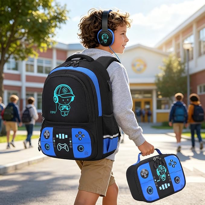 Backpack for School Boys, Cool Luminous Gamer Boys Schoolbag | with Lunch Box & Pencil Case Set for Kids Teens Elementary Middle School, Bookbag Glow In The Dark