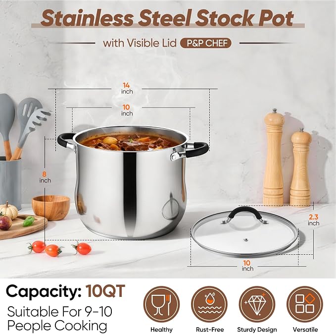 P&P CHEF 10 Quart Stainless Steel Stock Pot, Cooking Pot with Visible Lid | For Soup Pasta, Tri-Ply Bottom & Dual Heatproof Handles, For Induction Gas All Stoves, Non-Toxic & Dishwasher Safe