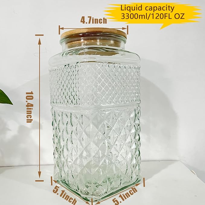 1 Gallon Large Glass Jar Airtight Lid Spoon Vintage Glass Storage Jars | 120 OZ Square Wide Mouth Glass Coffee Canister Container for Candy Sugar Tea Nuts Flour Dog Treat