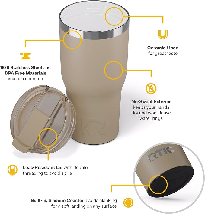RTIC 30oz Essential Tumbler with Lid, Ceramic Lined, Beach | Insulated, Stainless Steel Metal, Portable Travel Cup for Hot and Cold Drinks, Coffee, Car, Camping and Travel
