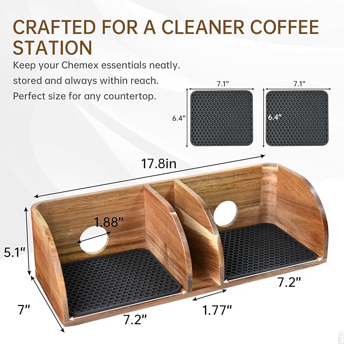 Acacia Coffee Bar Station Organizer Stand Caddy for Chemex Pour Over Maker | Coffee Paper Filter Holder for Countertop Wood Caddy Storage Organizer for Chemex Bodum Cosori Coffee Maker with silicone Pad