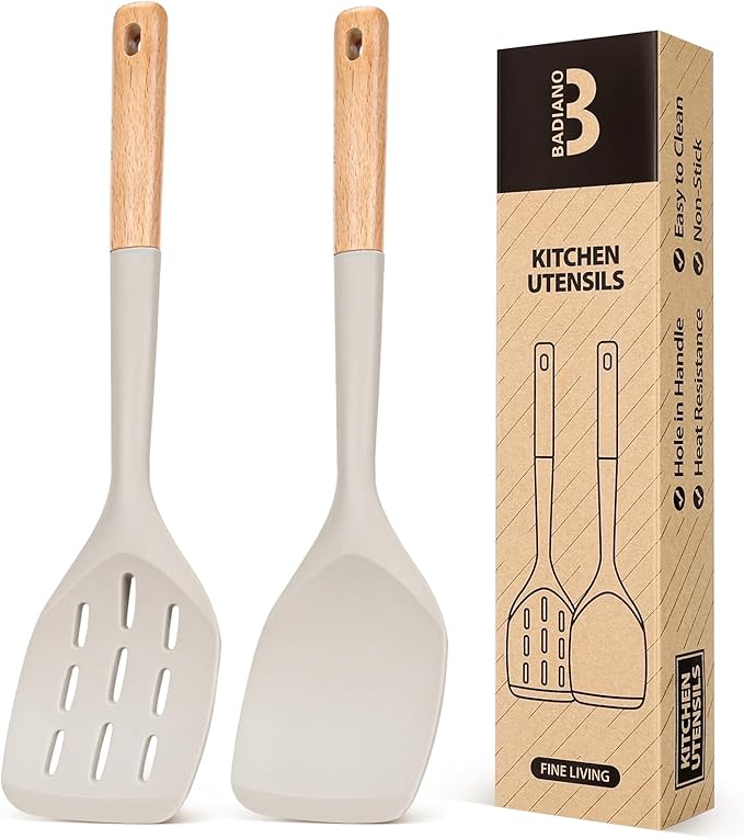Silicone Spatula, Non Stick Turner for Cooking, Food Grade, Khaki | Heat Resistant, Flexible Edge, 2 Pack Wooden Handle Kitchen Turner for Baking Mixing Grilling Serving Food