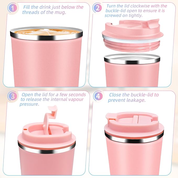 Insulated Travel Coffee Mug Reusable Coffee Tumbler Cup with Flip Lid Leak Proof Spill Proof for Office School Party Camping Hot and Cold Drink,Stainless Steel 17oz (Pink)