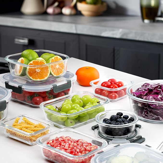 VERONES 30 Pieces Glass Food Storage Containers Set with Lids, Grey | Stackable Glass Meal Prep Containers Set with Lids, Airtight Lunch Containers, for Microwave, Oven, Freezer & Dishwasher